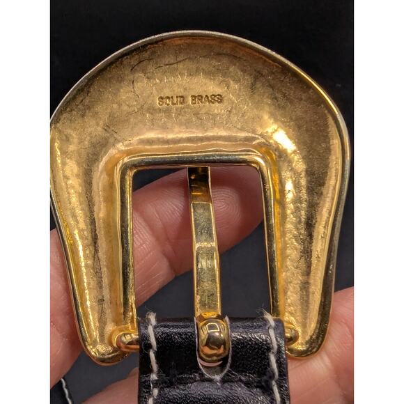 Vintage ESCADA Western Germany Black Leather Belt Solid Brass Buckle Size 36 main image 5